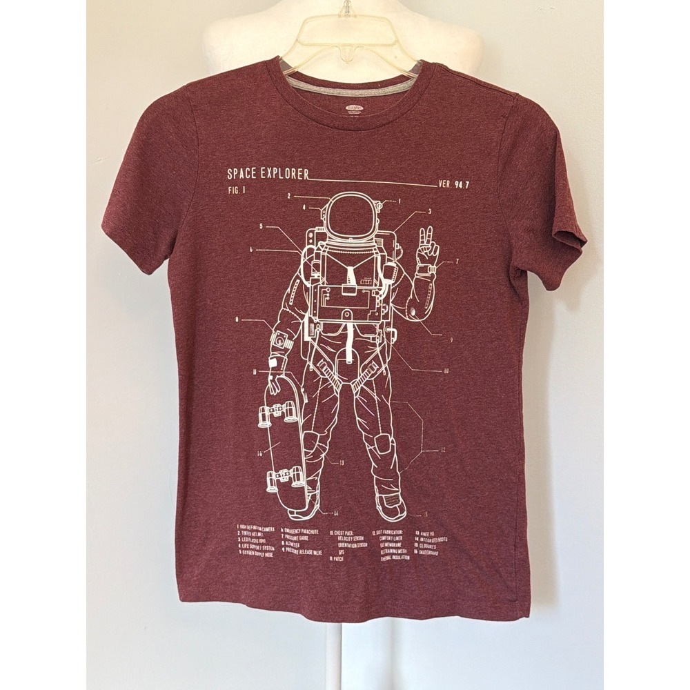 Old Navy Boys Space Explorer Astronaut Skateboard Graphic Tee Maroon XL 14-16